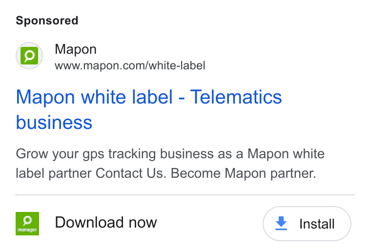 Mapon ad on Google Ads: Mapon white label - Telematics business Grow your gps tracking business as a Mapon white label partner Contact Us. Become Mapon partner. 2] Download now ¥ Install