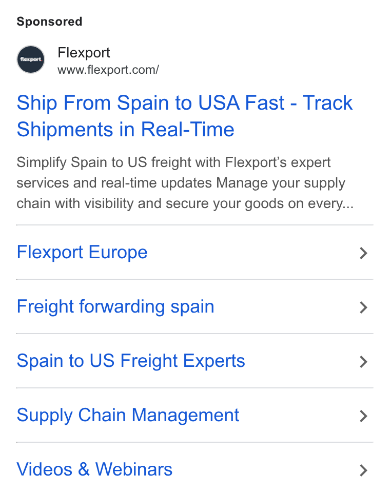 Flexport ad on Google Ads: Ship From Spain to USA Fast - Track Shipments in Real-Time Simplify Spain to US freight with Flexport’s expert services and real-time updates Manage your supply chain with visibility and secure your goods on every... Flexport Europe Freight forwarding spain Spain to US Freight Experts Supply Chain Management Videos & Webinars