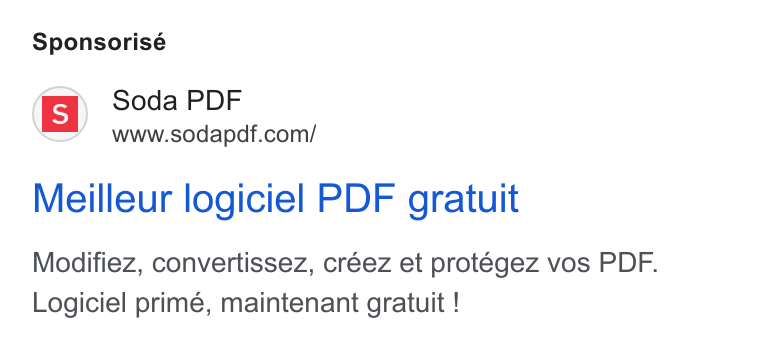 Soda PDF ad on Google Ads: Sponsorisé Meilleur logiciel PDF gratuit Modifiez, convertissez, créez et protégez vos PDF. Logiciel prime, maintenant gratuit !