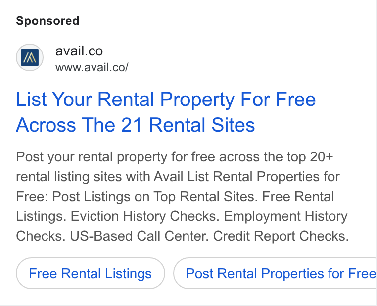 Avail ad on Google Ads: o N velco! List Your Rental Property For Free Across The 21 Rental Sites Post your rental property for free across the top 20+ rental listing sites with Avail List Rental Properties for Free: Post Listings on Top Rental Sites. Free Rental Listings. Eviction History Checks. Employment History Checks. US-Based Call Center. Credit Report Checks. Free Rental Listings Post Rental Properties for Free Ce