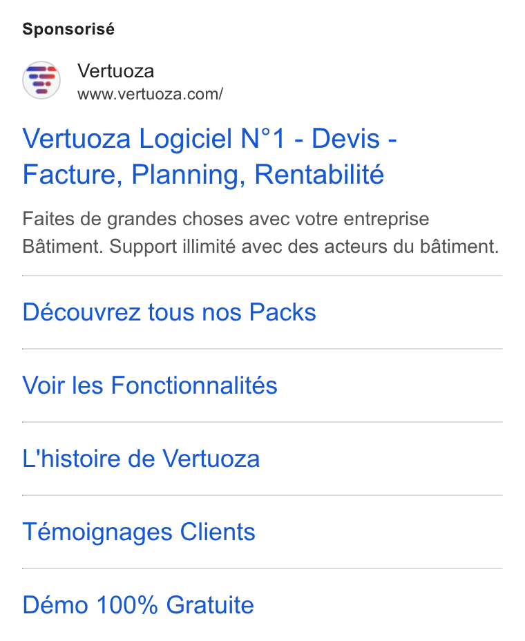 Vertuoza ad on Google Ads: Sponsorisé Vertuoza Logiciel N°1 - Devis - Facture, Planning, Rentabilité Faites de grandes choses avec votre entreprise Batiment. Support illimité avec des acteurs du batiment. Découvrez tous nos Packs Voir les Fonctionnalités L'histoire de Vertuoza Témoignages Clients Démo 100% Gratuite