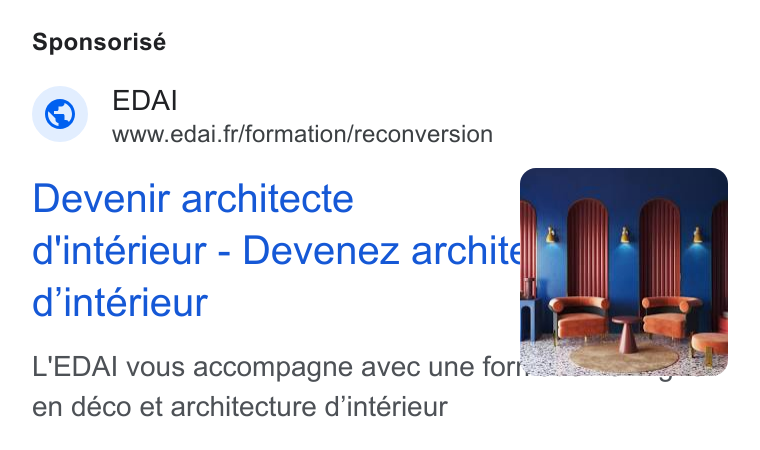YouCanBookMe ad on Google Ads: Sponsorisé Devenir architecte ain. aly d'intérieur - Devenez architel “HIIl F Bille d'intérieur } | L'EDAI vous accompagne avec une forties: en déco et architecture d’intérieur