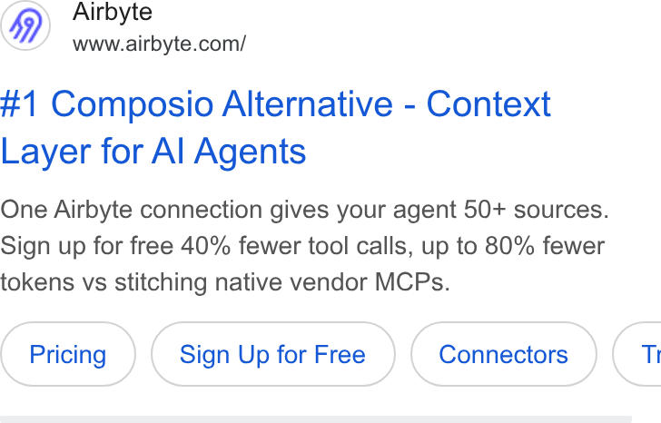Airbyte ad on Google Ads: #1 Composio Alternative - Context Layer for Al Agents One Airbyte connection gives your agent 50+ sources. Sign up for free 40% fewer tool calls, up to 80% fewer tokens vs stitching native vendor MCPs.