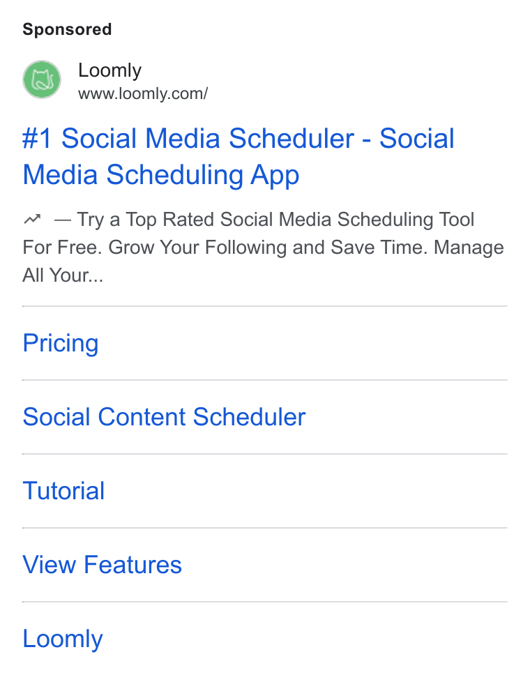 Loomly ad on Google Ads: #1 Social Media Scheduler - Social Media Scheduling App Trya Top Rated Social Media Scheduling Tool For Free. Grow Your Following and Save Time. Manage All Your... Pricing Social Content Scheduler Tutorial View Features Loomly