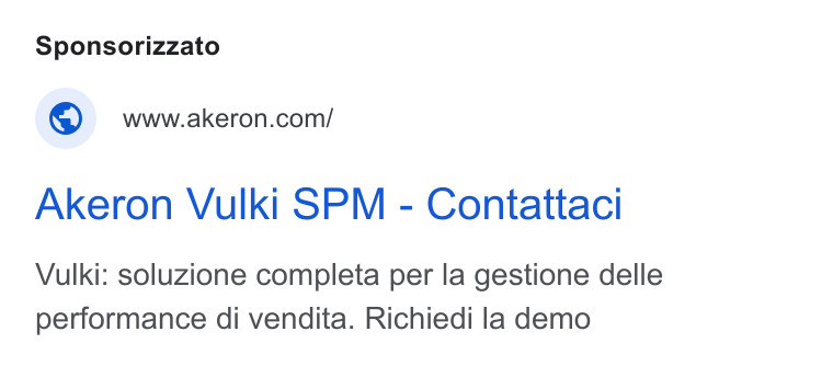 Akeron ad on Google Ads: Akeron Vulki SPM - Contattaci Vulki: soluzione completa per la gestione delle performance di vendita. Richiedi la demo
