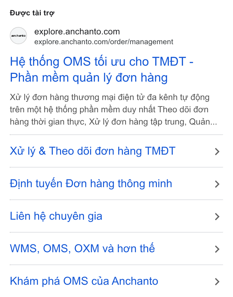 Anchanto ad on Google Ads: explore.anchanto.com/order/management Hé théng OMS téi wu cho TMDT - Phan mém quan ly don hang Xr ly don hang thuong mai dién tt? da kénh tu déng trén mét hé théng phan mém duy nhat Theo ddi don hang thoi gian thyuc, Xv ly don hang tap trung, Quan... Xw ly & Theo déi don hang TMDT Dinh tuyén Don hang thong minh Lién hé chuyén gia WMS, OMS, OXM va hon thé Kham pha OMS cua Anchanto