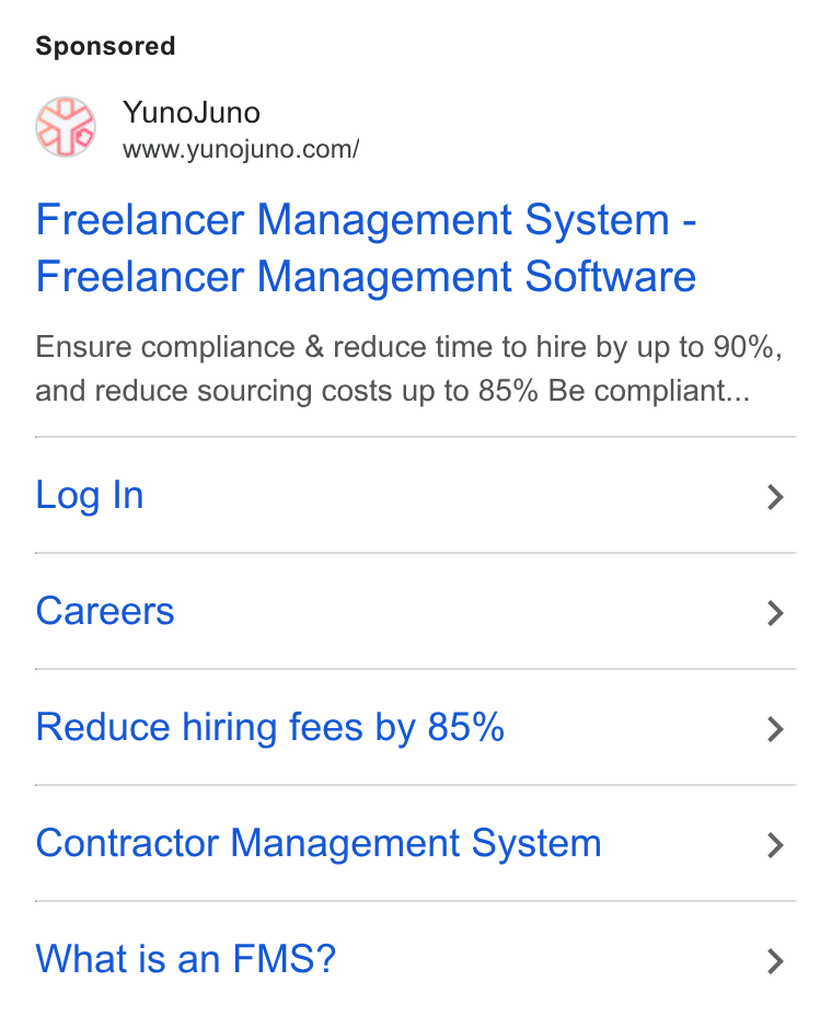 YunoJuno ad on Google Ads: Freelancer Management System - Freelancer Management Software Ensure compliance & reduce time to hire by up to 90%, and reduce sourcing costs up to 85% Be compliant... Log In > Careers > Reduce hiring fees by 85% > Contractor Management System > What is an FMS? >