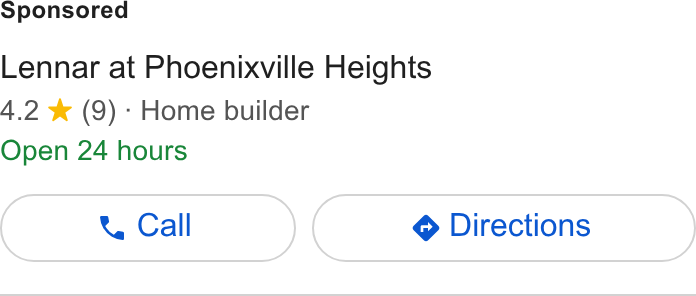 Lennar ad on Google Ads: Lennar at Phoenixville Heights 4.2 *% (9) - Home builder Open 24 hours
