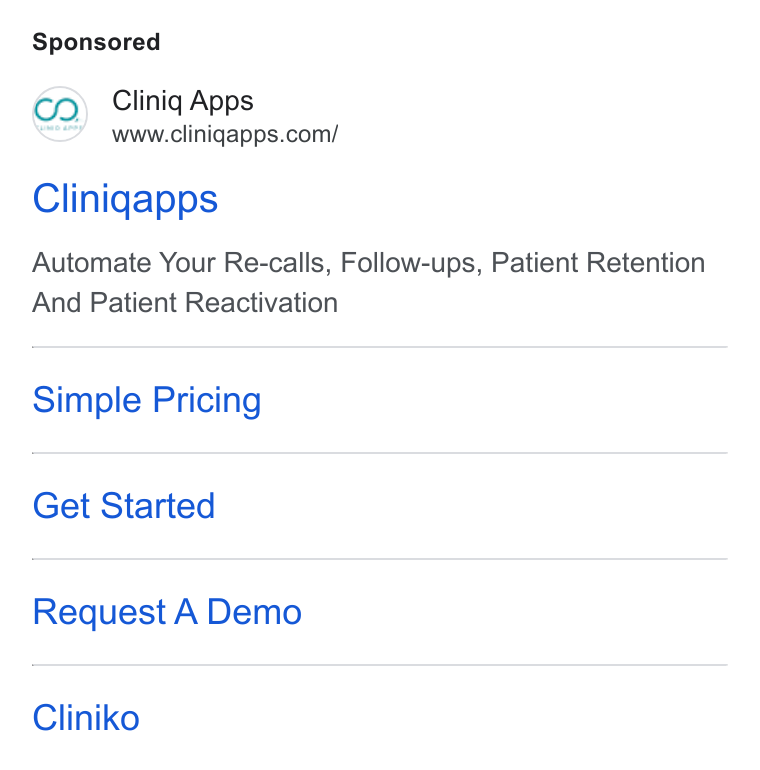 Cliniq Apps ad on Google Ads: Clinigapps Automate Your Re-calls, Follow-ups, Patient Retention And Patient Reactivation Simple Pricing Get Started Request A Demo Cliniko