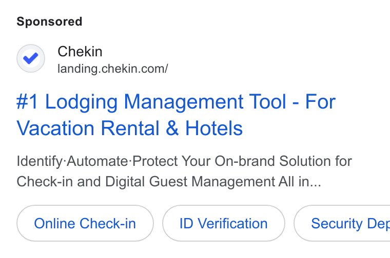 Chekin ad on Google Ads: #1 Lodging Management Tool - For Vacation Rental & Hotels Identify-Automate-Protect Your On-brand Solution for Check-in and Digital Guest Management All in... Online Check-in ID Verification ) ( Security Der