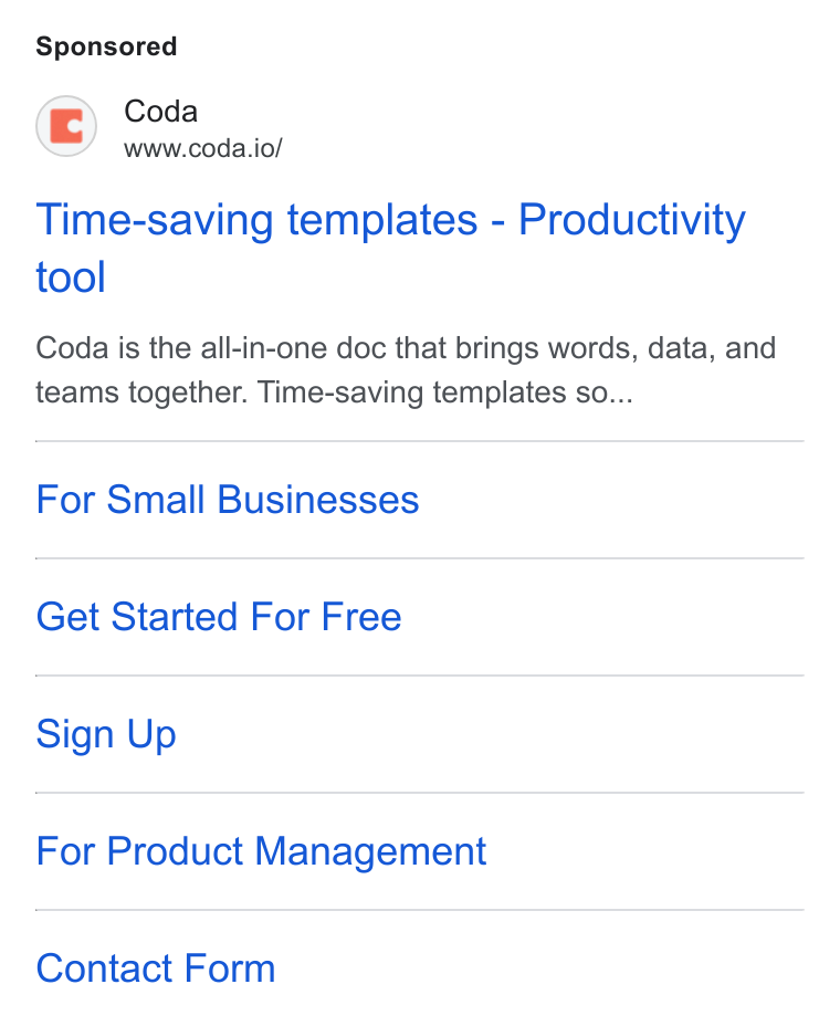 Coda ad on Google Ads: Coda www.coda.io/ Time-saving templates - Productivity tool Coda is the all-in-one doc that brings words, data, and teams together. Time-saving templates so... For Small Businesses Get Started For Free Sign Up For Product Management Contact Form