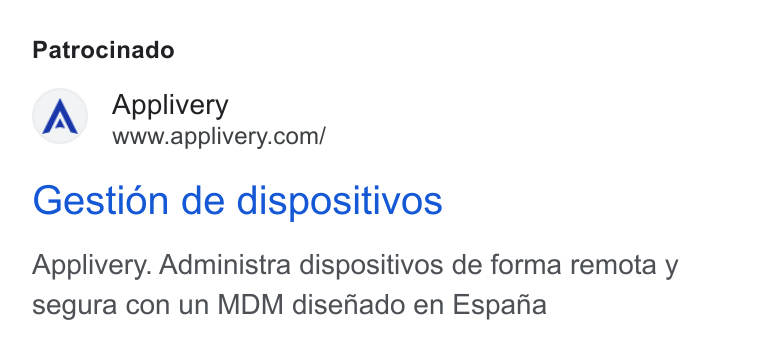 Applivery ad on Google Ads: Patrocinado Gestion de dispositivos Applivery. Administra dispositivos de forma remota y segura con un MDM disefnado en Espana