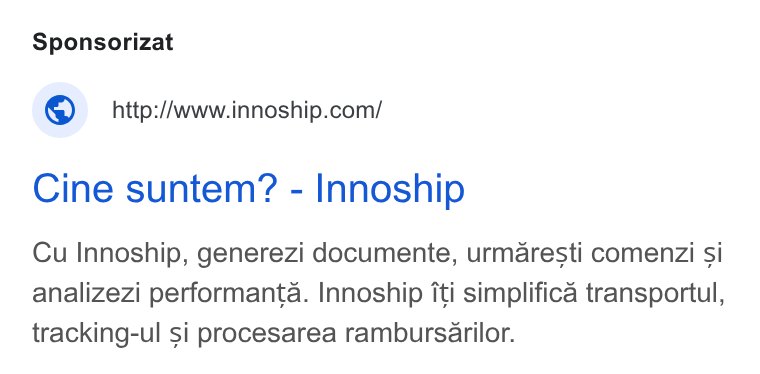 Innoship ad on Google Ads: Cine suntem? - Innoship Cu Innoship, generezi documente, urmaresti comenzi si analizezi performanta. Innoship iti simplifica transportul, tracking-ul si procesarea rambursarilor.