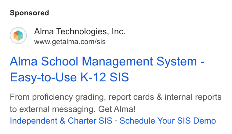Alma ad on Google Ads: Alma School Management System - Easy-to-Use K-12 SIS From proficiency grading, report cards & internal reports to external messaging. Get Alma! Independent & Charter SIS - Schedule Your SIS Demo