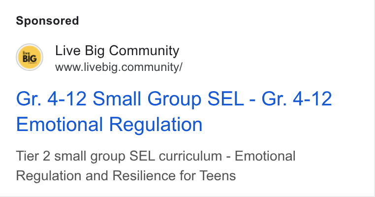Circle ad on Google Ads: Gr. 4-12 Small Group SEL - Gr. 4-12 Emotional Regulation Tier 2 small group SEL curriculum - Emotional Regulation and Resilience for Teens