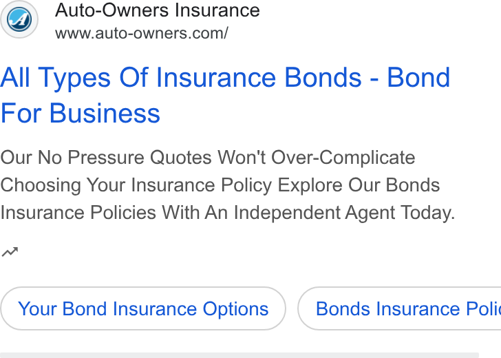 Auto-Owners Insurance ad on Google Ads: All Types Of Insurance Bonds - Bond For Business Our No Pressure Quotes Won't Over-Complicate Choosing Your Insurance Policy Explore Our Bonds Insurance Policies With An Independent Agent Today. w~ Your Bond Insurance Options } ( Bonds Insurance Poli