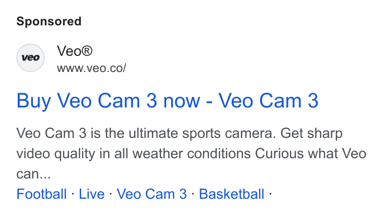 Veo Technologies ad on Google Ads: Buy Veo Cam 3 now - Veo Cam 3 Veo Cam 3 is the ultimate sports camera. Get sharp video quality in all weather conditions Curious what Veo can... Football - Live - Veo Cam 3 - Basketball :