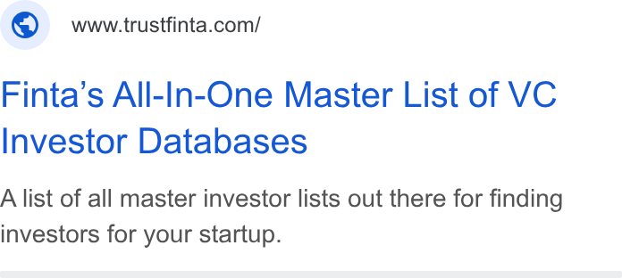 Finta ad on Google Ads: Finta’s All-In-One Master List of VC Investor Databases A list of all master investor lists out there for finding investors for your startup.