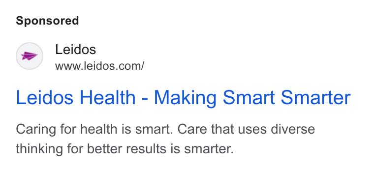 Leidos ad on Google Ads: Leidos Health - Making Smart Smarter Caring for health is smart. Care that uses diverse thinking for better results is smarter.