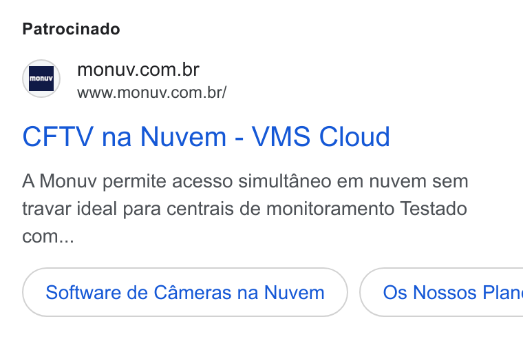 Monuv ad on Google Ads: me’ Www.monuv.com.br/ CFTV na Nuvem - VMS Cloud A Monuv permite acesso simultaneo em nuvem sem travar ideal para centrais de monitoramento Testado com... Software de Cameras na Nuvem Os Nossos Plan