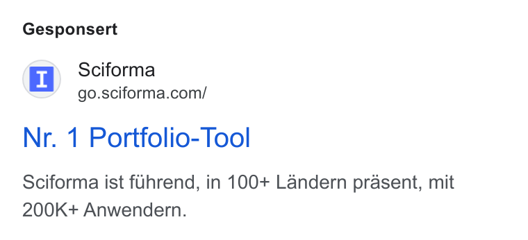 Sciforma ad on Google Ads: Gesponsert Nr. 1 Portfolio-Tool Sciforma ist fuhrend, in 100+ Landern prasent, mit 200K+ Anwendern.