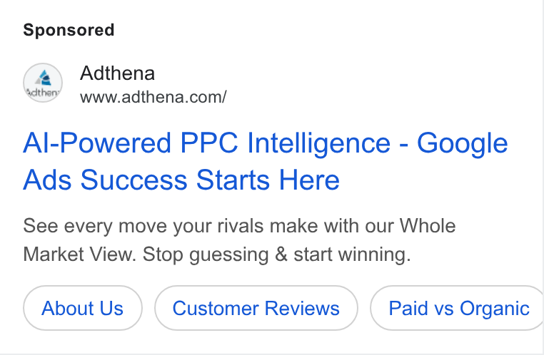 Adthena ad on Google Ads: Al-Powered PPC Intelligence - Google Ads Success Starts Here See every move your rivals make with our Whole Market View. Stop guessing & start winning. About Us Paid vs Organic |