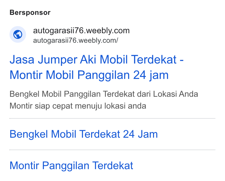 Weebly ad on Google Ads: autogarasii76.weebly.com/ Jasa Jumper Aki Mobil Terdekat - Montir Mobil Panggilan 24 jam Bengkel Mobil Panggilan Terdekat dari Lokasi Anda Montir siap cepat menuju lokasi anda Bengkel Mobil Terdekat 24 Jam Montir Panggilan Terdekat
