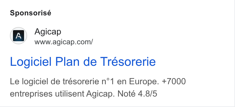 Agicap ad on Google Ads: Sponsorisé Logiciel Plan de Trésorerie Le logiciel de trésorerie n°1 en Europe. +7000 entreprises utilisent Agicap. Noté 4.8/5