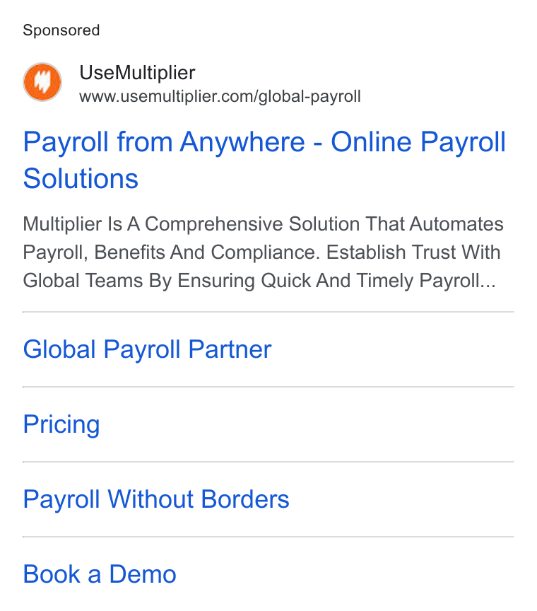 Multiplier ad on Google Ads: Payroll from Anywhere - Online Payroll Solutions Multiplier Is A Comprehensive Solution That Automates Payroll, Benefits And Compliance. Establish Trust With Global Teams By Ensuring Quick And Timely Payroll... Global Payroll Partner Pricing Payroll Without Borders Book a Demo
