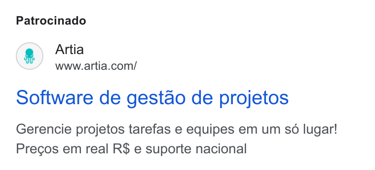 Artia ad on Google Ads: Patrocinado Software de gestao de projetos Gerencie projetos tarefas e equipes em um sé lugar! Precos em real R$ e suporte nacional
