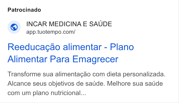 TuoTempo ad on Google Ads: Patrocinado Reeducagao alimentar - Plano Alimentar Para Emagrecer Transforme sua alimentagao com dieta personalizada. Alcance seus objetivos de satide. Melhore sua saude com um plano nutricional...