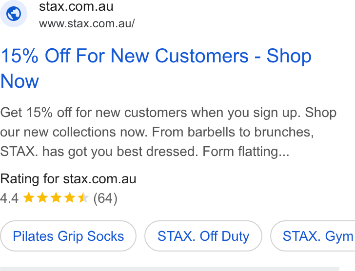 STAX. ad on Google Ads: www.stax.com.au/ 15% Off For New Customers - Shop Now Get 15% off for new customers when you sign up. Shop our new collections now. From barbells to brunches, STAX. has got you best dressed. Form flatting... Rating for stax.com.au 44 kk k K (64) Pilates Grip Socks STAX. Off Duty } ( STAX. Gym