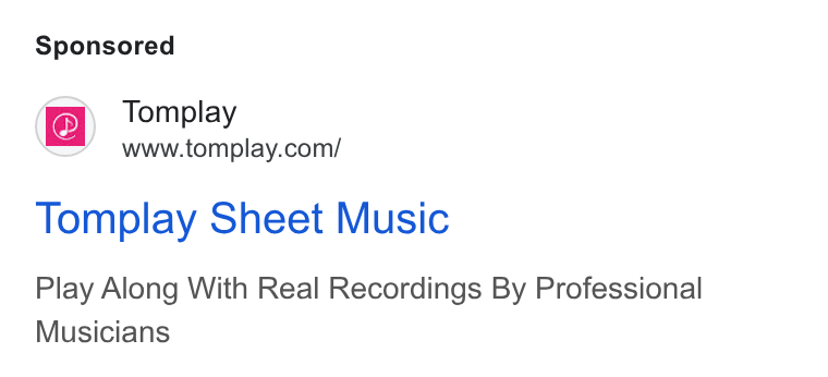 Tomplay ad on Google Ads: Tomplay Sheet Music Play Along With Real Recordings By Professional Musicians