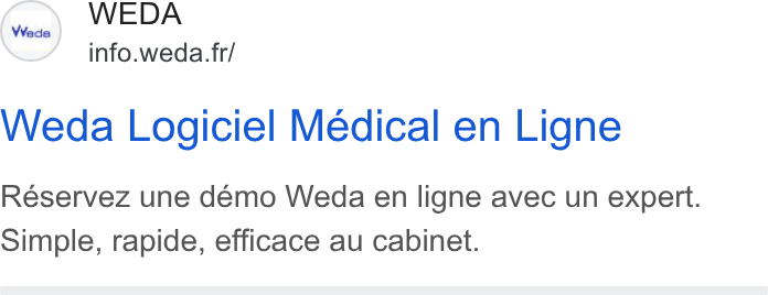 Weda ad on Google Ads: Weda Logiciel Médical en Ligne Reservez une demo Weda en ligne avec un expert. Simple, rapide, efficace au cabinet.