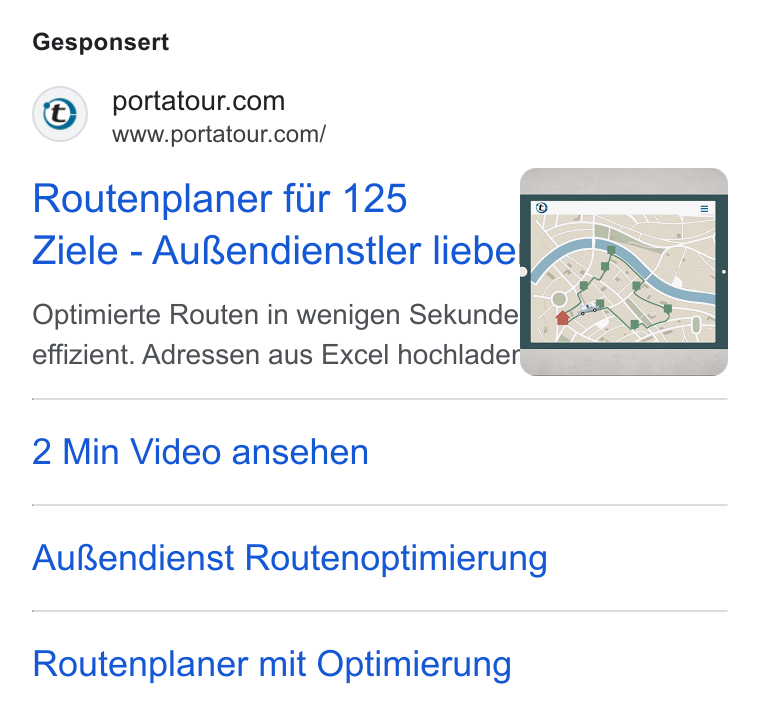 portatour ad on Google Ads: www.portatour.com/ Routenplaner fur 125 Ziele - Au Rendienstler liebe Optimierte Routen in wenigen Sekundeff . : effizient. Adressen aus Excel hochlade | 2 Min Video ansehen Au Rendienst Routenoptimierung Routenplaner mit Optimierung
