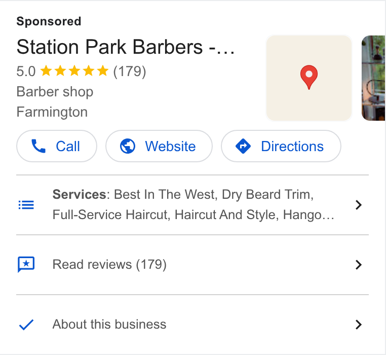 SQUIRE ad on Google Ads: Station Park Barbers -... Barber shop Farmington Services: Best In The West, Dry Beard Trim, Full-Service Haircut, Haircut And Style, Hango... Read reviews (179) > About this business >