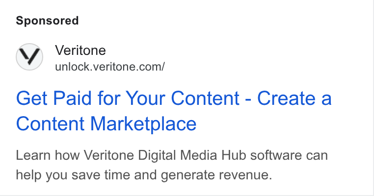 Veritone ad on Google Ads: Get Paid for Your Content - Create a Content Marketplace Learn how Veritone Digital Media Hub software can help you save time and generate revenue.