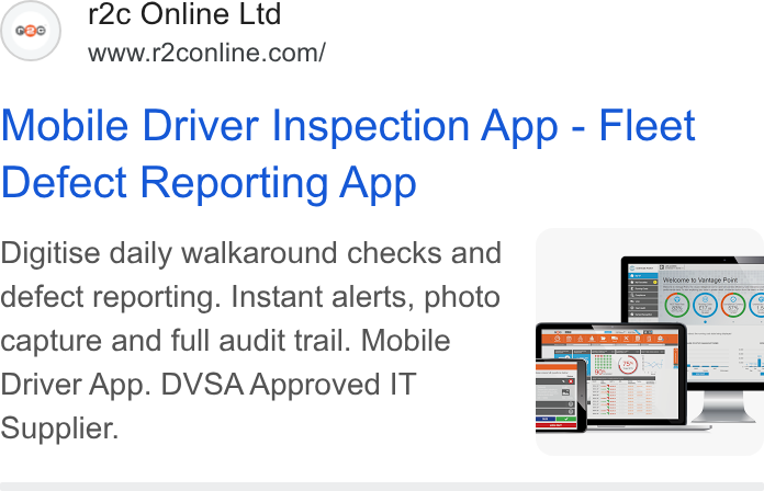 r2c Online ad on Google Ads: Mobile Driver Inspection App - Fleet Defect Reporting App Digitise daily walkaround checks and defect reporting. Instant alerts, photo capture and full audit trail. Mobile Driver App. DVSA Approved IT Supplier.