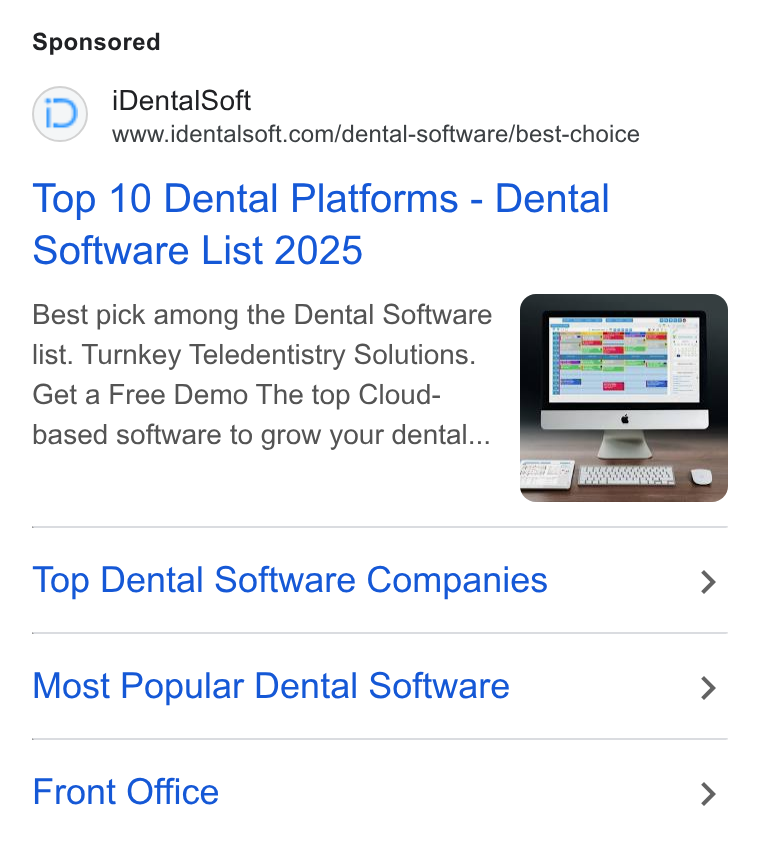 iDentalSoft ad on Google Ads: Top 10 Dental Platforms - Dental Software List 2025 Best pick among the Dental Software list. Turnkey Teledentistry Solutions. Get a Free Demo The top Cloud- based software to grow your dental... Top Dental Software Companies > Most Popular Dental Software > Front Office >