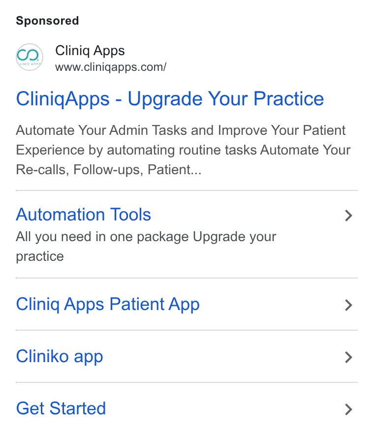 Cliniq Apps ad on Google Ads: Clinig Apps - Upgrade Your Practice Automate Your Admin Tasks and Improve Your Patient Experience by automating routine tasks Automate Your Re-calls, Follow-ups, Patient... Automation Tools > All you need in one package Upgrade your practice Cliniq Apps Patient App > Cliniko app > Get Started >