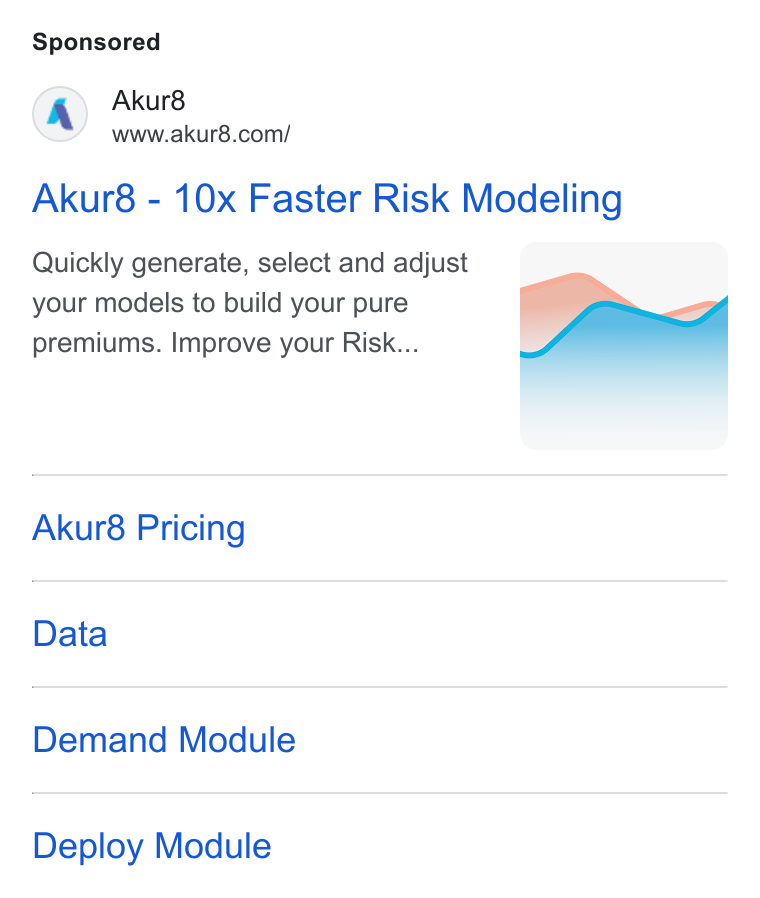AKUR8 ad on Google Ads: Akur8 - 10x Faster Risk Modeling Quickly generate, select and adjust your models to build your pure premiums. Improve your Risk... Akur8 Pricing Data Demand Module Deploy Module