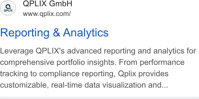 QPLIX GmbH ad on Google Ads: Reporting & Analytics Leverage QPLIX's advanced reporting and analytics for comprehensive portfolio insights. From performance tracking to compliance reporting, Qplix provides customizable, real-time data visualization and...