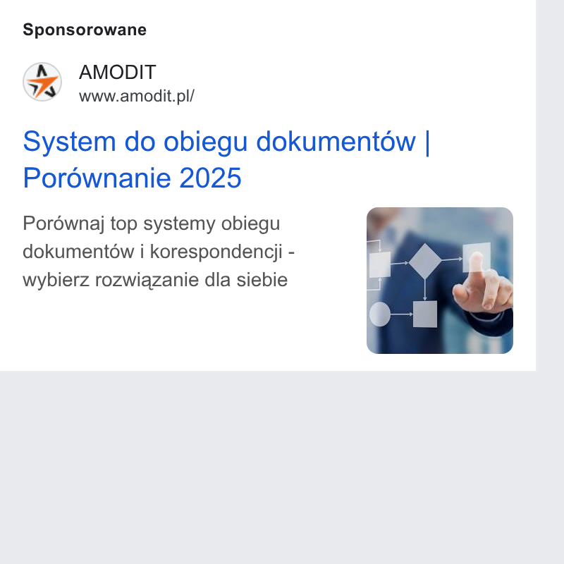 AMODIT ad on Google Ads: Sponsorowane System do obiegu dokumentow | Poréwnanie 2025 Poréwnaj top systemy obiegu dokumentow i korespondengji - wybierz rozwigzanie dla siebie
