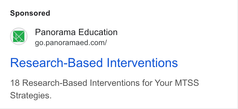 Panorama Education ad on Google Ads: Research-Based Interventions 18 Research-Based Interventions for Your MTSS Strategies.