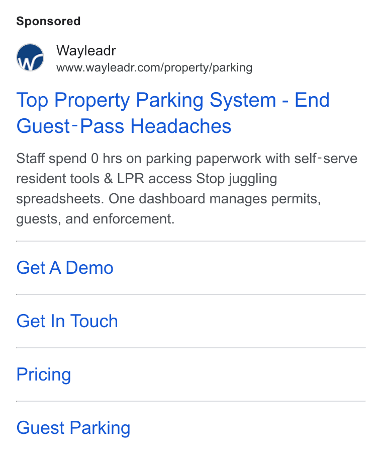 Wayleadr ad on Google Ads: Top Property Parking System - End Guest-Pass Headaches Staff spend 0 hrs on parking paperwork with self-serve resident tools & LPR access Stop juggling spreadsheets. One dashboard manages permits, guests, and enforcement. Get A Demo Get In Touch Pricing Guest Parking
