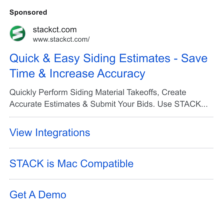 STACK Construction Technologies ad on Google Ads: www.stackct.com/ Quick & Easy Siding Estimates - Save Time & Increase Accuracy Quickly Perform Siding Material Takeoffs, Create Accurate Estimates & Submit Your Bids. Use STACK... View Integrations STACK is Mac Compatible Get A Demo