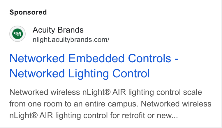 Acuity Brands ad on Google Ads: Networked Embedded Controls - Networked Lighting Control Networked wireless n Light® AIR lighting control scale from one room to an entire campus. Networked wireless n Light® AIR lighting control for retrofit or new...