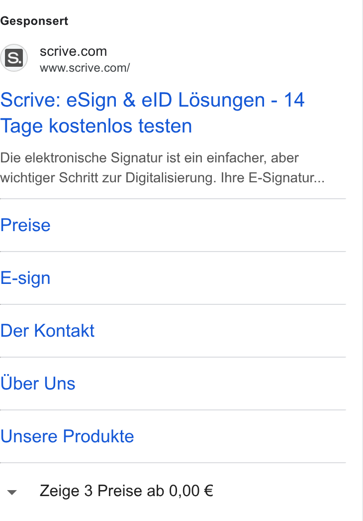 Scrive ad on Google Ads: www.scrive.com/ Scrive: e Sign & el D Lésungen - 14 Tage kostenlos testen Die elektronische Signatur ist ein einfacher, aber wichtiger Schritt zur Digitalisierung. Ihre E-Signatur... Preise E-sign Der Kontakt Uber Uns Unsere Produkte Zeige 3 Preise ab 0,00 €