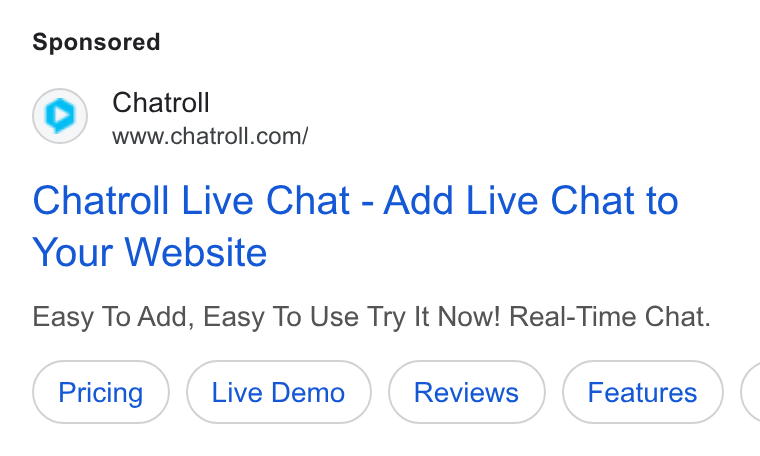 Chatroll ad on Google Ads: Chatroll Live Chat - Add Live Chat to Your Website Easy To Add, Easy To Use Try It Now! Real-Time Chat. (ee) (oetmne) (Roe) (Fs) (