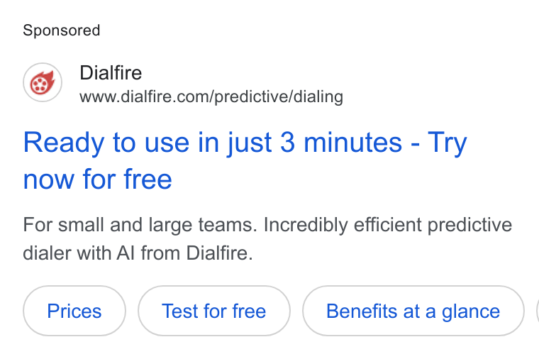 Appointlet ad on Google Ads: Ready to use in just 3 minutes - Try now for free For small and large teams. Incredibly efficient predictive dialer with Al from Dialfire. Test for free Benefits ata glance } |